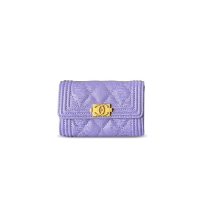 CHANEL BOY CHANEL FLAP CARD HOLDER GRAINED CALFSKIN PURPLE A80603 (11*8.5*3cm)